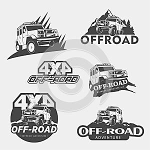 A set of five off-road, 4x4 extreme club emblems. Vector illustration.